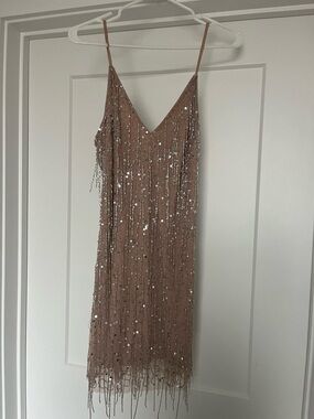 Nasty Gal Sequin & Bead Fringe Slip Dress in Dusty Rose